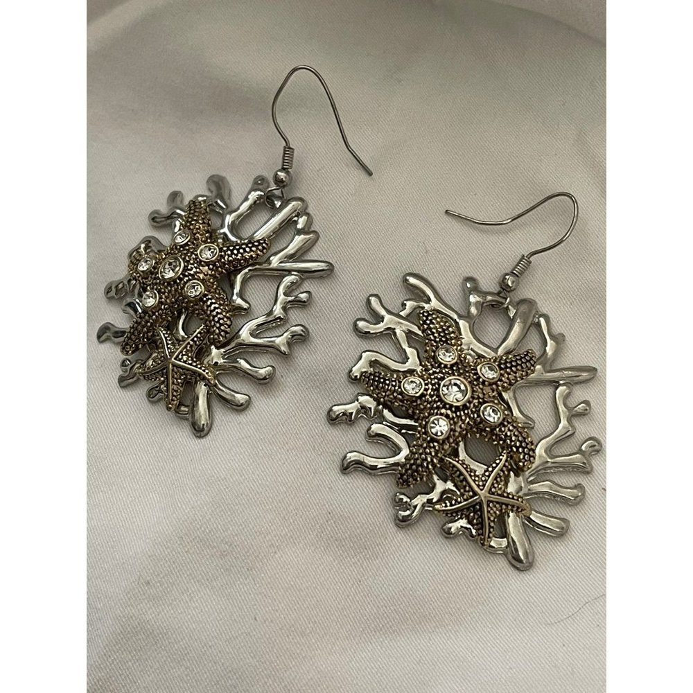 Vintage Silver Tone Coral Starfish Rhinestone Dangle Pierced Earrings - Picture 4 of 7